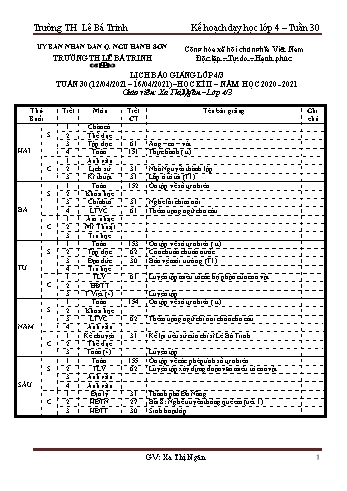 Kế hoạch dạy học lớp 4 - Tuần 30 Năm học 2020-2021 - Xa Thị Ngân - Trường Tiểu học Lê Bá Trinh