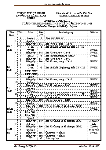 Lịch báo giảng học kì 1 lớp 1 - Tuần 16 Năm học 2020-2021 - Dương Thị Uyên Vy - Trường Tiểu học Lê Bá Trinh