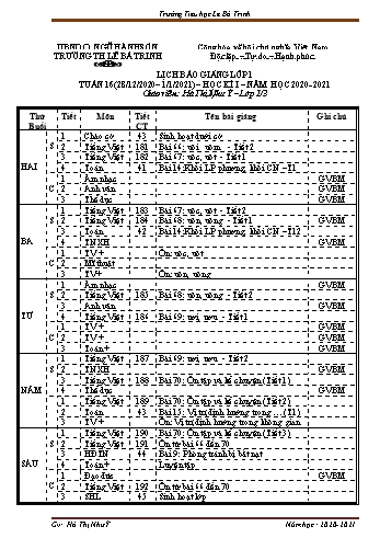 Lịch báo giảng học kì 1 lớp 1 - Tuần 16 Năm học 2020-2021 - Hà Thị Như Ý - Trường Tiểu học Lê Bá Trinh