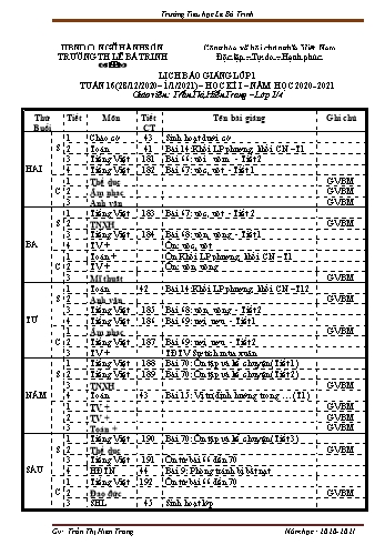 Lịch báo giảng học kì 1 lớp 1 - Tuần 16 Năm học 2020-2021 - Trần Thị Hiền Trang - Trường Tiểu học Lê Bá Trinh