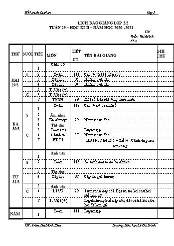 Lịch báo giảng học kì 1 lớp 2 - Tuần 29 Năm học 2020-2021 - Trần Thị Minh Kha - Trường Tiểu học Lê Bá Trinh