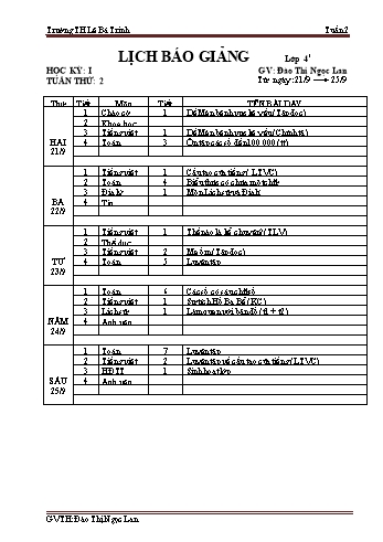 Lịch báo giảng học kì 1 lớp 4 - Tuần 1 Năm học 2020-2021 - Đào Thị Ngọc Lan - Trường Tiểu học Lê Bá Trinh