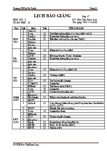 Lịch báo giảng học kì 1 lớp 4 - Tuần 13 Năm học 2020-2021 - Đào Thị Ngọc Lan - Trường Tiểu học Lê Bá Trinh