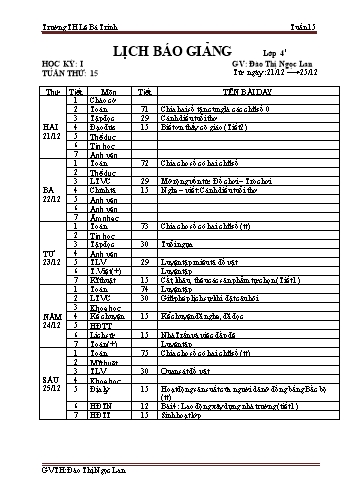 Lịch báo giảng học kì 1 lớp 4 - Tuần 15 Năm học 2020-2021 - Đào Thị Ngọc Lan - Trường Tiểu học Lê Bá Trinh