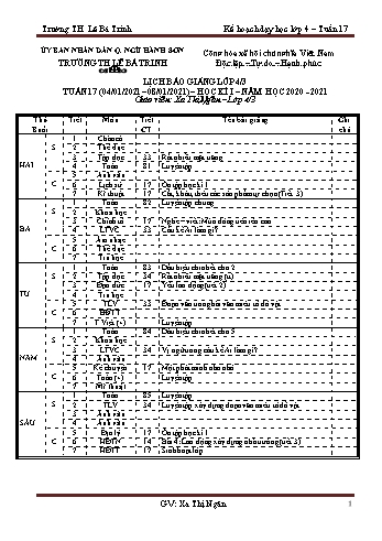 Lịch báo giảng học kì 1 lớp 4 - Tuần 17 Năm học 2020-2021 - Xa Thị Ngân - Trường Tiểu học Lê Bá Trinh