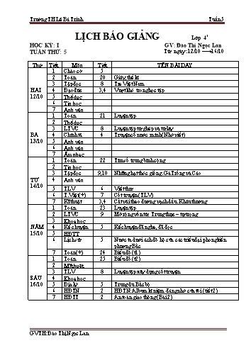 Lịch báo giảng học kì 1 lớp 4 - Tuần 5 Năm học 2020-2021 - Đào Thị Ngọc Lan - Trường Tiểu học Lê Bá Trinh