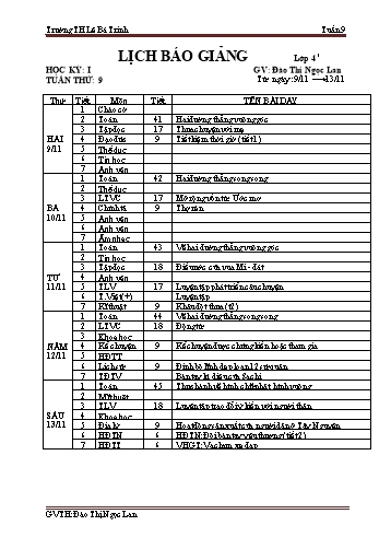 Lịch báo giảng học kì 1 lớp 4 - Tuần 9 Năm học 2020-2021 - Đào Thị Ngọc Lan - Trường Tiểu học Lê Bá Trinh