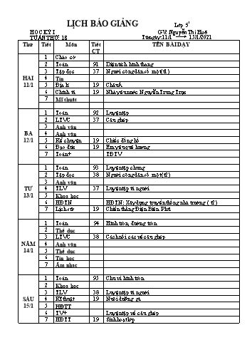 Lịch báo giảng học kì 1 lớp 5 - Tuần 18 Năm học 2020-2021 - Nguyễn Thị Huệ - Trường Tiểu học Lê Bá Trinh