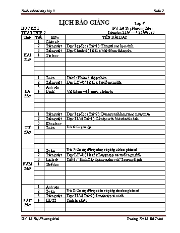 Lịch báo giảng học kì 1 lớp 5 - Tuần 2 Năm học 2020-2021 - Lê Thị Phương Mai - Trường Tiểu học Lê Bá Trinh