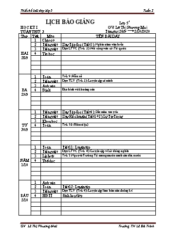 Lịch báo giảng học kì 1 lớp 5 - Tuần 3 Năm học 2020-2021 - Lê Thị Phương Mai - Trường Tiểu học Lê Bá Trinh