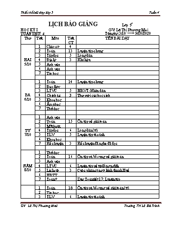 Lịch báo giảng học kì 1 lớp 5 - Tuần 4 Năm học 2020-2021 - Lê Thị Phương Mai - Trường Tiểu học Lê Bá Trinh