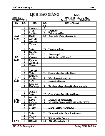 Lịch báo giảng học kì 1 lớp 5 - Tuần 5 Năm học 2020-2021 - Lê Thị Phương Mai - Trường Tiểu học Lê Bá Trinh