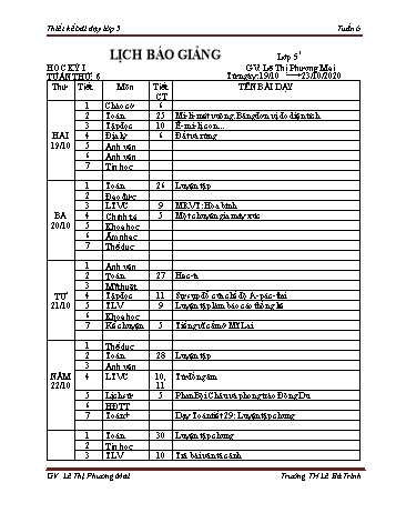 Lịch báo giảng học kì 1 lớp 5 - Tuần 6 Năm học 2020-2021 - Lê Thị Phương Mai - Trường Tiểu học Lê Bá Trinh