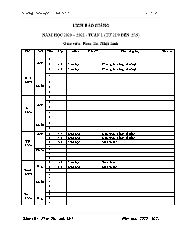 Lịch báo giảng học kì 1 - Tuần 1 Năm học 2020-2021 - Phan Thị Nhật Linh - Trường Tiểu học Lê Bá Trinh