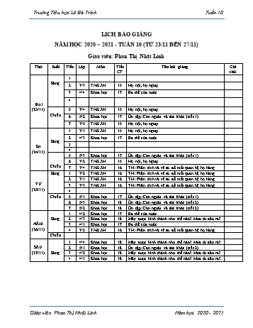 Lịch báo giảng học kì 1 - Tuần 10 Năm học 2020-2021 - Phan Thị Nhật Linh - Trường Tiểu học Lê Bá Trinh