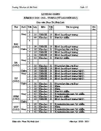 Lịch báo giảng học kì 1 - Tuần 12 Năm học 2020-2021 - Phan Thị Nhật Linh - Trường Tiểu học Lê Bá Trinh