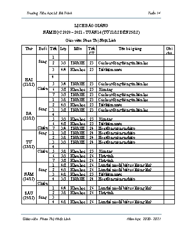 Lịch báo giảng học kì 1 - Tuần 14 Năm học 2020-2021 - Phan Thị Nhật Linh - Trường Tiểu học Lê Bá Trinh