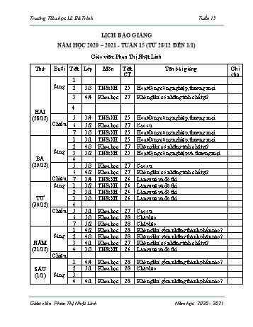 Lịch báo giảng học kì 1 - Tuần 15 Năm học 2020-2021 - Phan Thị Nhật Linh - Trường Tiểu học Lê Bá Trinh