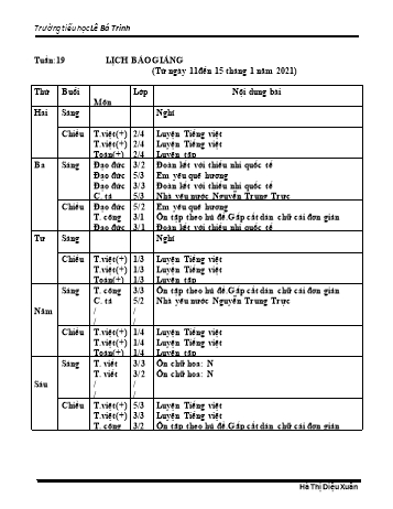 Lịch báo giảng học kì 1 - Tuần 19 Năm học 2020-2021 - Hà Thị Diệu Xuân - Trường Tiểu học Lê Bá Trinh