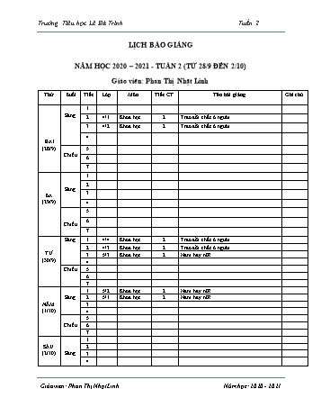 Lịch báo giảng học kì 1 - Tuần 2 Năm học 2020-2021 - Phan Thị Nhật Linh - Trường Tiểu học Lê Bá Trinh