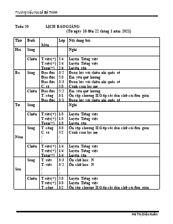 Lịch báo giảng học kì 1 - Tuần 20 Năm học 2020-2021 - Hà Thị Diệu Xuân - Trường Tiểu học Lê Bá Trinh