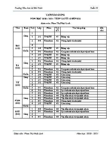 Lịch báo giảng học kì 1 - Tuần 23 Năm học 2020-2021 - Phan Thị Nhật Linh - Trường Tiểu học Lê Bá Trinh