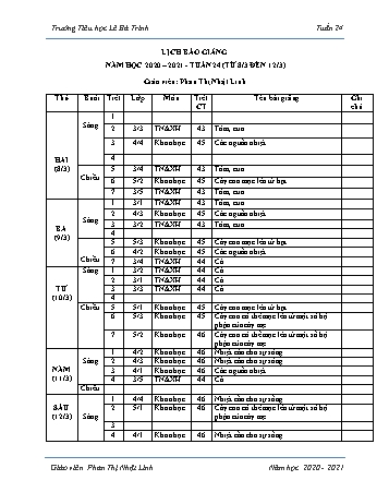 Lịch báo giảng học kì 1 - Tuần 24 Năm học 2020-2021 - Phan Thị Nhật Linh - Trường Tiểu học Lê Bá Trinh