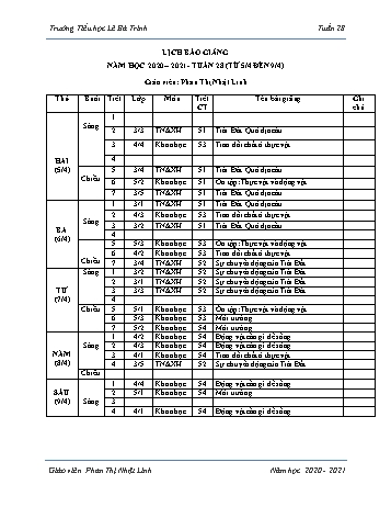 Lịch báo giảng học kì 1 - Tuần 28 Năm học 2020-2021 - Phan Thị Nhật Linh - Trường Tiểu học Lê Bá Trinh