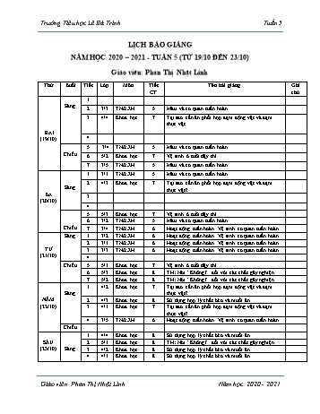 Lịch báo giảng học kì 1 - Tuần 5 Năm học 2020-2021 - Phan Thị Nhật Linh - Trường Tiểu học Lê Bá Trinh