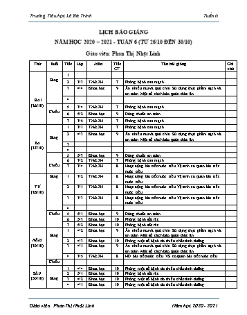 Lịch báo giảng học kì 1 - Tuần 6 Năm học 2020-2021 - Phan Thị Nhật Linh - Trường Tiểu học Lê Bá Trinh