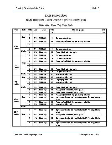 Lịch báo giảng học kì 1 - Tuần 7 Năm học 2020-2021 - Phan Thị Nhật Linh - Trường Tiểu học Lê Bá Trinh