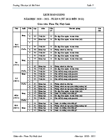 Lịch báo giảng học kì 1 - Tuần 9 Năm học 2020-2021 - Phan Thị Nhật Linh - Trường Tiểu học Lê Bá Trinh