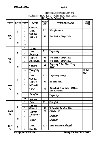 Lịch báo giảng học kì 2 lớp 2 - Tuần 25 Năm học 2020-2021 - Nguyễn Thị Hải Vân - Trường Tiểu học Lê Bá Trinh