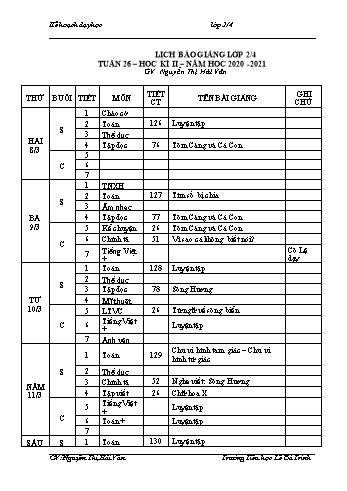 Lịch báo giảng học kì 2 lớp 2 - Tuần 26 Năm học 2020-2021 - Nguyễn Thị Hải Vân - Trường Tiểu học Lê Bá Trinh
