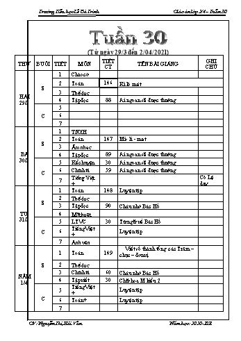 Lịch báo giảng học kì 2 lớp 2 - Tuần 30 Năm học 2020-2021 - Nguyễn Thị Hải Vân - Trường Tiểu học Lê Bá Trinh