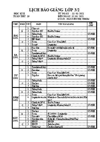 Lịch báo giảng học kì 2 lớp 3 - Tuần 19 Năm học 2020-2021 - Nguyễn Thị Thơm - Trường Tiểu học Lê Bá Trinh