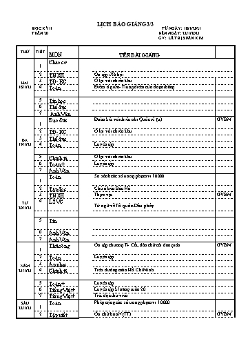 Lịch báo giảng học kì 2 lớp 3 - Tuần 20 Năm học 2020-2021 - Lê Thị Kim Xuân - Trường Tiểu học Lê Bá Trinh