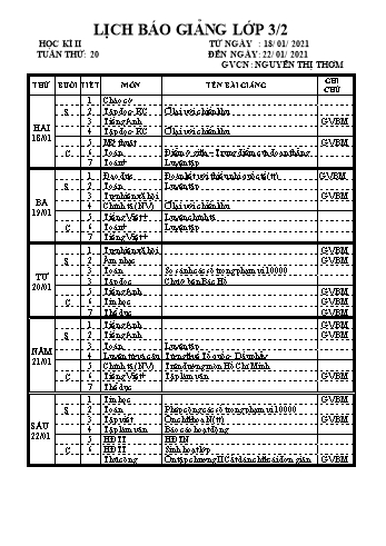 Lịch báo giảng học kì 2 lớp 3 - Tuần 20 Năm học 2020-2021 - Nguyễn Thị Thơm - Trường Tiểu học Lê Bá Trinh