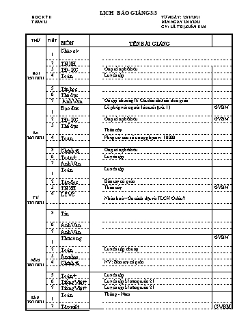 Lịch báo giảng học kì 2 lớp 3 - Tuần 21 Năm học 2020-2021 - Lê Thị Kim Xuân - Trường Tiểu học Lê Bá Trinh