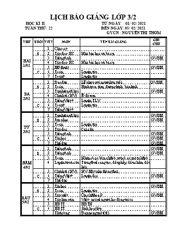 Lịch báo giảng học kì 2 lớp 3 - Tuần 22 Năm học 2020-2021 - Nguyễn Thị Thơm - Trường Tiểu học Lê Bá Trinh