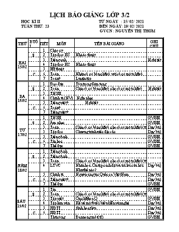 Lịch báo giảng học kì 2 lớp 3 - Tuần 23 Năm học 2020-2021 - Nguyễn Thị Thơm - Trường Tiểu học Lê Bá Trinh