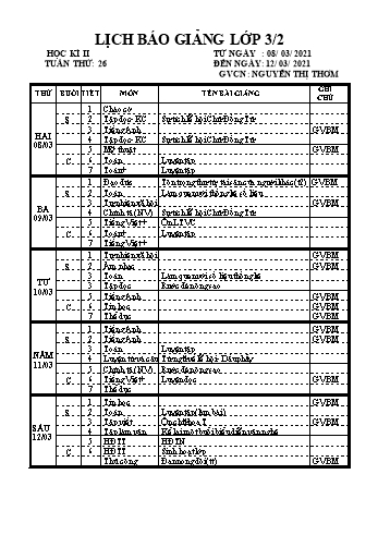 Lịch báo giảng học kì 2 lớp 3 - Tuần 26 Năm học 2020-2021 - Nguyễn Thị Thơm - Trường Tiểu học Lê Bá Trinh