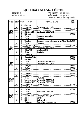 Lịch báo giảng học kì 2 lớp 3 - Tuần 27 Năm học 2020-2021 - Nguyễn Thị Thơm - Trường Tiểu học Lê Bá Trinh