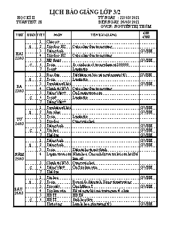 Lịch báo giảng học kì 2 lớp 3 - Tuần 28 Năm học 2020-2021 - Nguyễn Thị Thơm - Trường Tiểu học Lê Bá Trinh