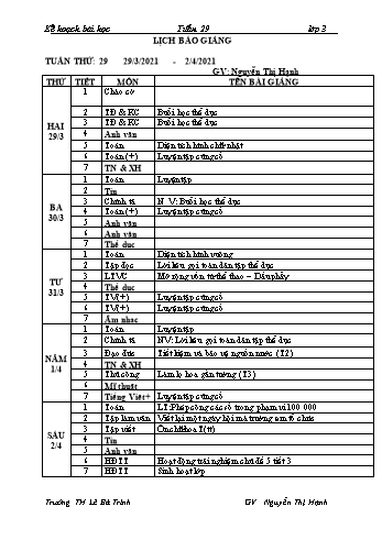 Lịch báo giảng học kì 2 lớp 3 - Tuần 29 Năm học 2020-2021 - Nguyễn Thị Hạnh - Trường Tiểu học Lê Bá Trinh