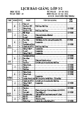 Lịch báo giảng học kì 2 lớp 3 - Tuần 29 Năm học 2020-2021 - Nguyễn Thị Thơm - Trường Tiểu học Lê Bá Trinh