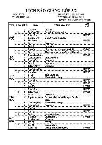 Lịch báo giảng học kì 2 lớp 3 - Tuần 30 Năm học 2020-2021 - Nguyễn Thị Thơm - Trường Tiểu học Lê Bá Trinh