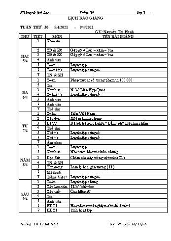 Lịch báo giảng học kì 2 lớp 3 - Tuần 30 Năm học 2020-2021 - Nguyễn Thị Hạnh - Trường Tiểu học Lê Bá Trinh