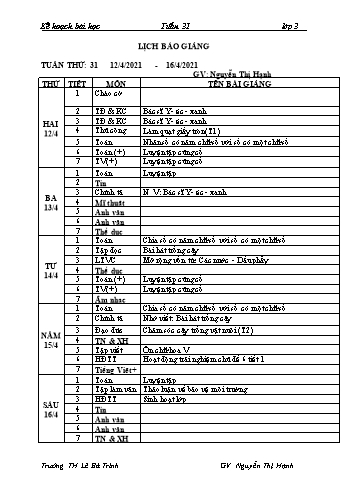 Lịch báo giảng học kì 2 lớp 3 - Tuần 31 Năm học 2020-2021 - Nguyễn Thị Hạnh - Trường Tiểu học Lê Bá Trinh