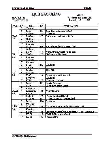 Lịch báo giảng học kì 2 lớp 4 - Tuần 21 Năm học 2020-2021 - Đào Thị Ngọc Lan - Trường Tiểu học Lê Bá Trinh